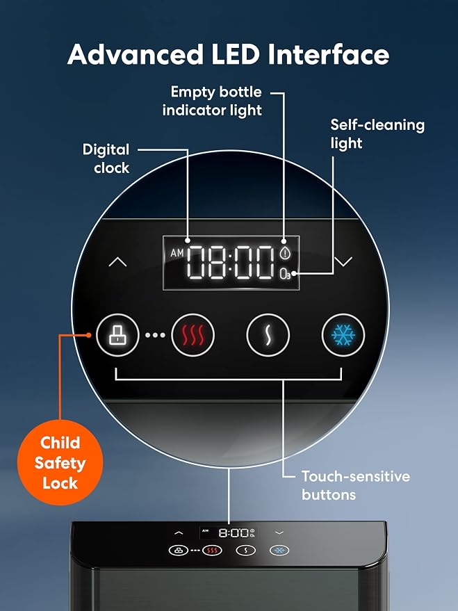 Brio Moderna Bottom Load Water Cooler Dispenser - Tri-Temp, Adjustable Temperature, Self-Cleaning, Touch Dispense, Child Safety Lock, Holds 3 or 5 Gallon Bottles, Digital Display and LED Light