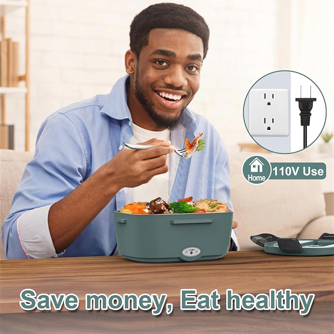 WisaKey Green Electric Lunch Box Food Heater 80W Heated LunchBox for Adults, 12V 24V 110V 220V Lunch Warmer Portable for Work Car Truck Jobsite Work with 304 Stainless Steel Container Christmas Gift