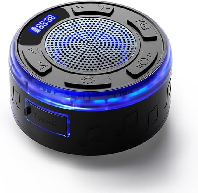 IPX7 Waterproof Shower Speaker with Colorful RGB Lights & LED Display, Detachable Suction Cup, 360° Balanced Sound - Perfect for Bath, Pool, Party & Outdoor (Black)