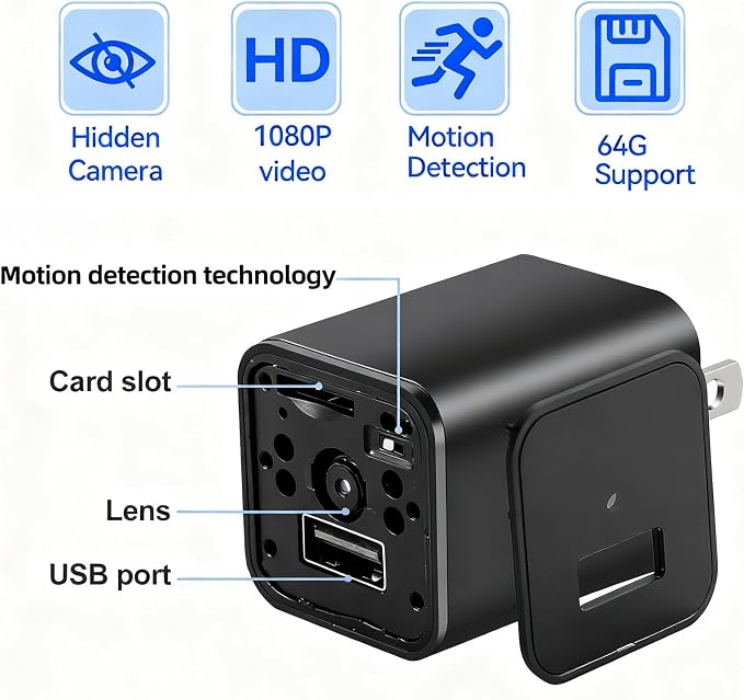 Hidden Camera Spy Cam 1080P - USB Charger Full HD No-WiFi Security Cam with Plug-in Power & Local Storage, Motion Detection & Night Vision, Ideal for Pet, Baby & Home Security, with 64GB SD Card
