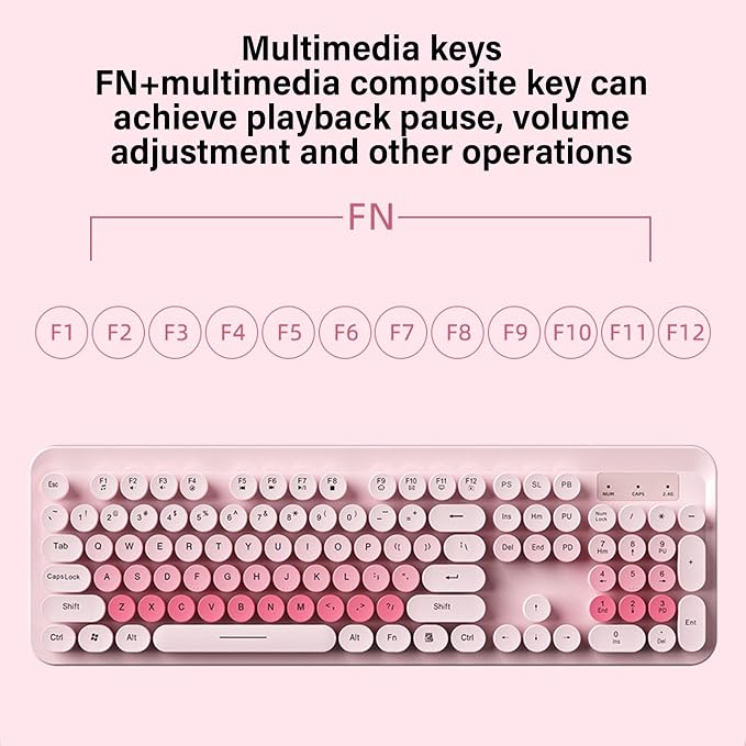 Wireless Keyboard and Mouse Combo, 2.4GHz Plug and Play with Retro Typewriter Style Round Keycaps, 104 Keys with Numeric Pad, for PC Laptop Desktop (Pink)