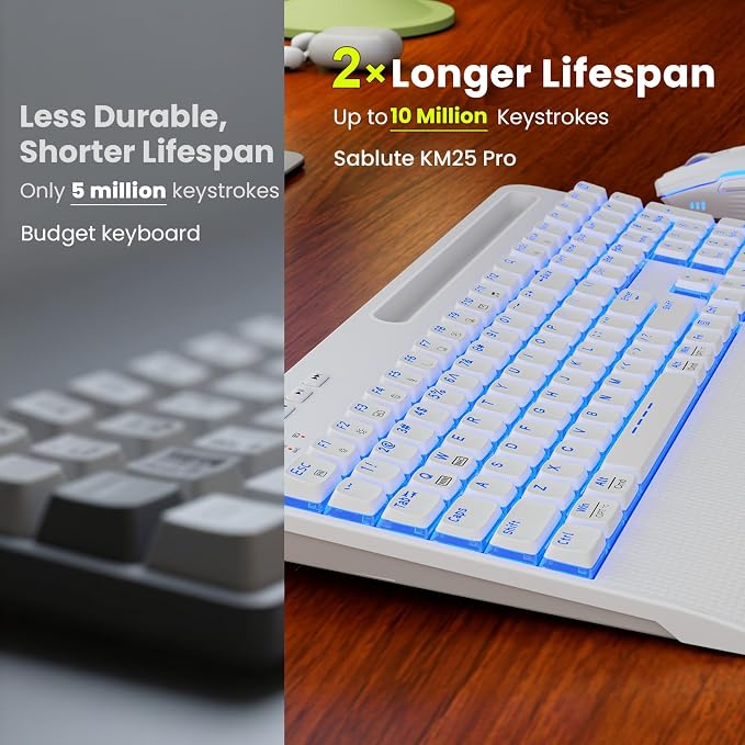 White Keyboard and Mouse Wireless Combo, 4000mAh Rechargeable Backlit Quiet Keyboards mice Set, USB Ergonomic Key Board with Wrist Rest & Phone Holder for PC, Mac, Windows, Natural Soft Typing