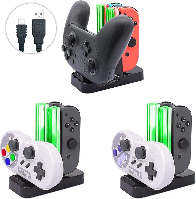 FASTSNAIL Charging Dock and 2 Pack Switch Grips Kit for Nintendo Switch Joy Con & OLED Model, Charger Stand Station with Charging Cable, Wear-Resistant Grip Controller with 6 Thumb Grip