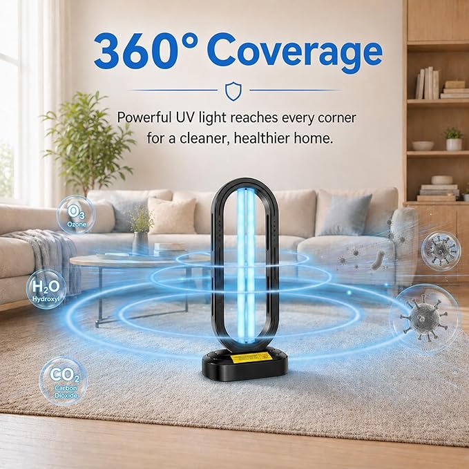 Feefir Portable UV Light Sanitizer Lamp for Room,360° Ozone UV Lamp | Ultraviolet Light ,4 Timer Modes 15/30/45/60 Min,Effectively Mold Remover and Dust Mites,UV Sanitizer Light for Home,Office