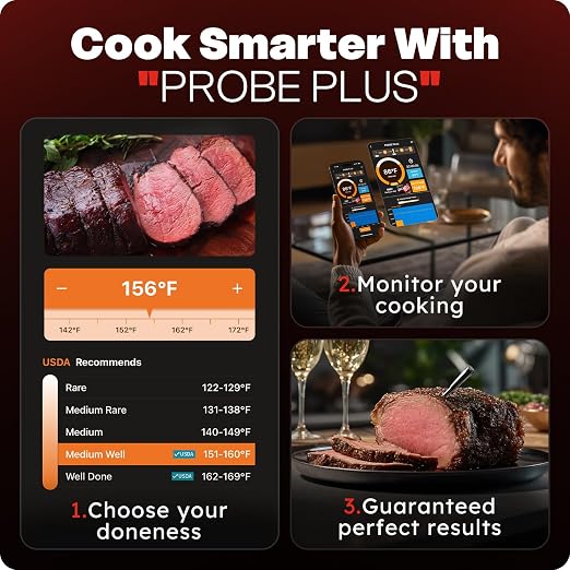 Smart Bluetooth Wireless Meat Thermometer Digital, 6 Accuracy Sensors, 0.5S Instant Read Food Thermometer, 2-in-1 100H Battery Fast Charge Base, APP Control & Custom Menu for BBQ, Grill, Smoker, Oven.