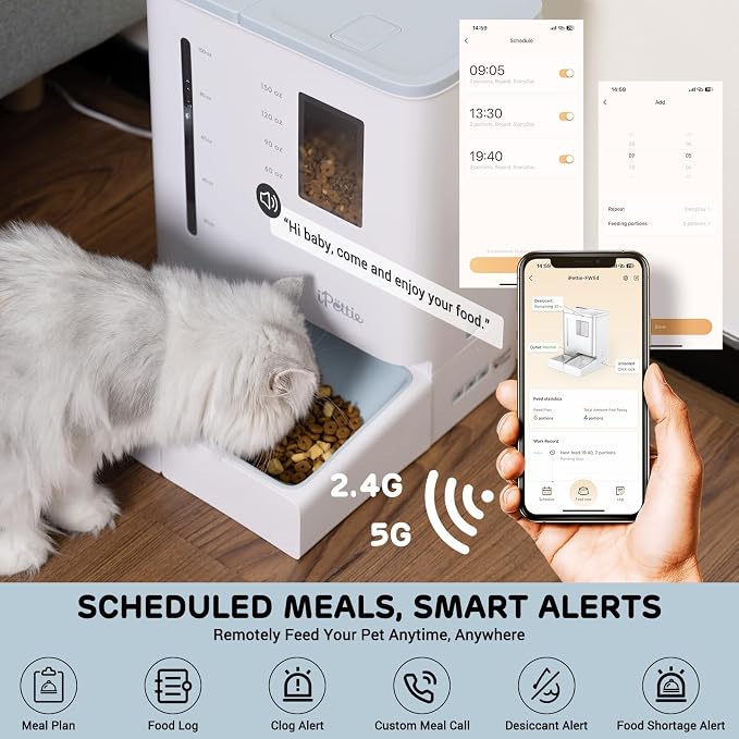 FW54 5G/2.4GHz WiFi Automatic Feeder and Waterer 2-in-1 Set for Pets, 300 oz Large Capacity for 2 Weeks, Perfect for Working Parents, with Silica Gel Packets, 6 Replacement Desiccant Bags