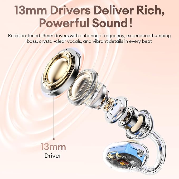 PAXA 2 in 1 Clip-on Earbuds Open Ear Headphones Bluetooth 6.0 Wireless Earbuds with in-Ear Earbuds, Ultra-long 140H Play, Auto L-R Recognition Touch Control for Work Fitness Daily Use Ctbuds Rose Gold