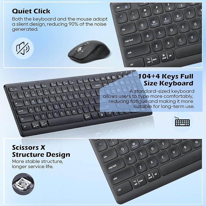 CITLLA Wireless Keyboard and Mouse Combo, Scissor-Switch Keys, 2-in-1 USB Receiver and Two Bluetooth, Multi Device Silent Design for Computer, Laptop, MacBook and iPad (Pure Black)