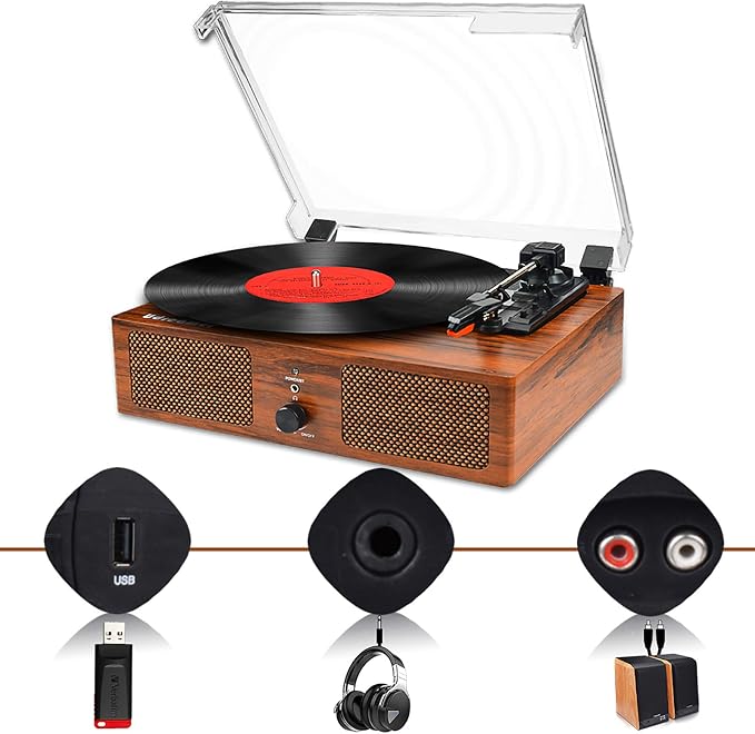 Vinyl Record Player Wireless Turntable with Built-in Speakers and USB Belt-Driven Vintage Phonograph Record Player 3 Speed for Entertainment and Home Decoration