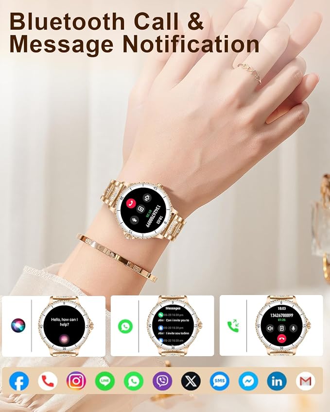 Smart Watches for Women, 1.27" HD Smartwatch with Diamond Strap Compatible Android/iOS, Answer/Make Call, IP68 Waterproof Fitness Tracker with SpO2, Sleep Monitor, 120+ Sport Models, Rosegold