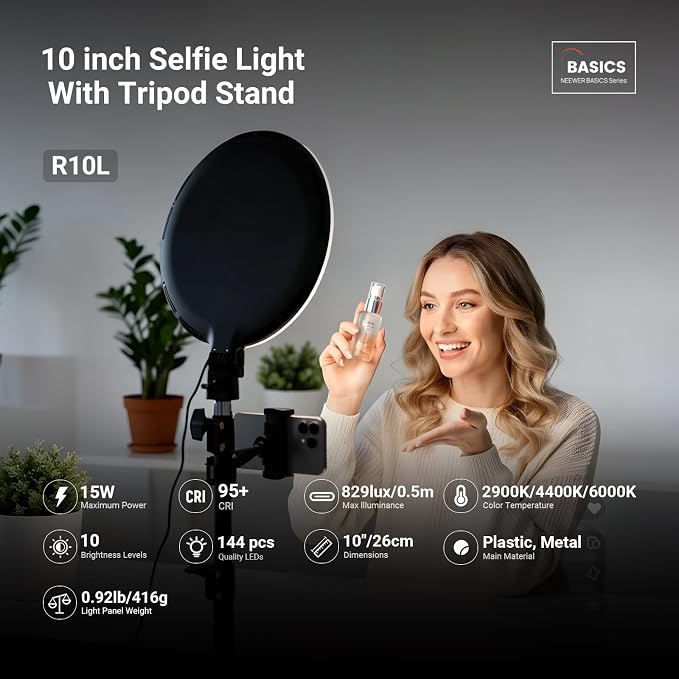 NEEWER Basics 10" Ring Light with 63" Tripod Stand/Phone Holder/Remote Compatible with iPhone, 15W Bi Color Full Screen Edge Lit LED Lighting CRI95+ for Video Recording Selfie Streaming Makeup, R10L