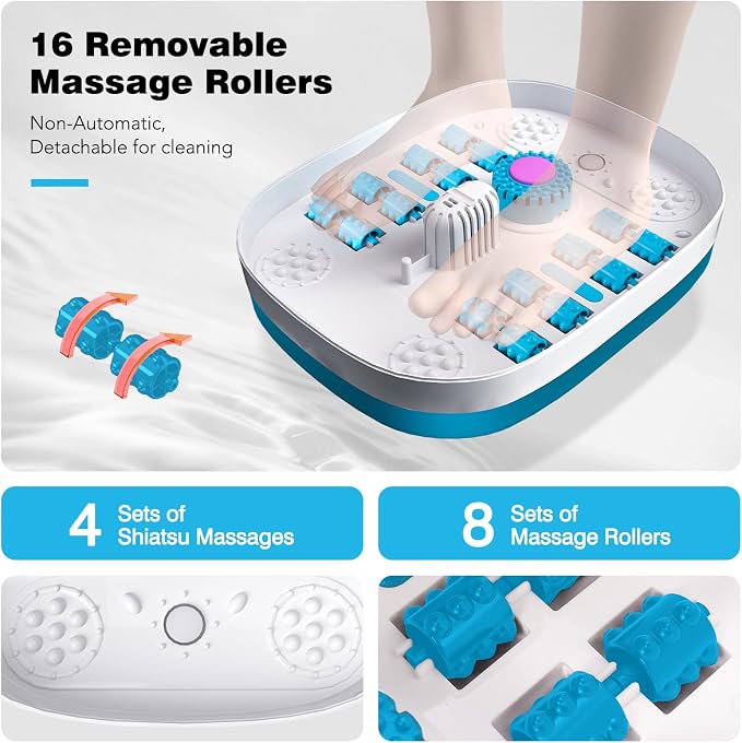 KNQZE Collapsible Foot Spa with Heat, Remote Control, Temperature Control, Bubbles, Pumice Stone, Red Light, Timer, 16 Massage Roller Pedicure Foot Bath Tub Foot Soaker for Relaxation & Stress Relief