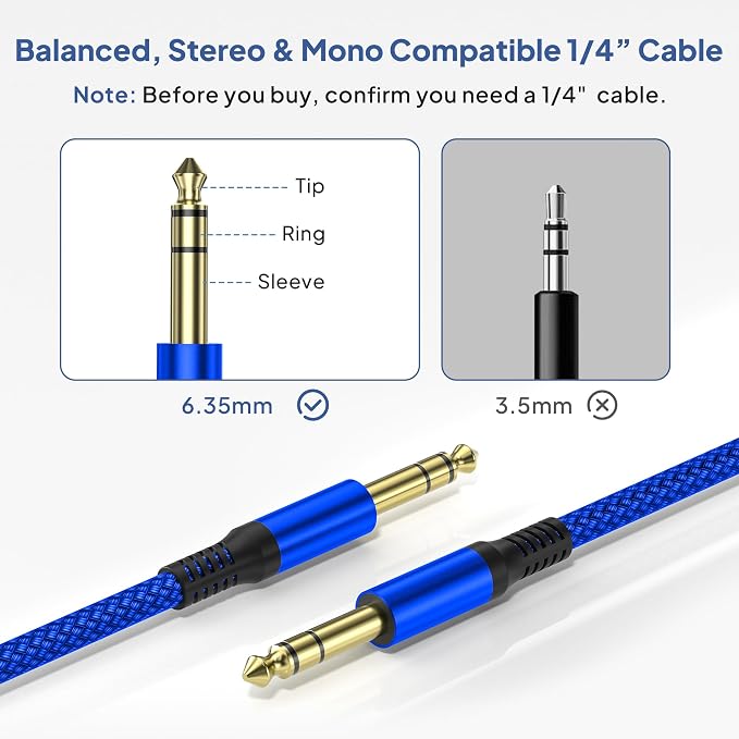 Elebase 1/4 Inch TRS Instrument Cable 20ft 2-Pack,Straight 6.35mm Male Jack Stereo Audio Interconnect Cord,6.35 mm Balanced Line for Electric Guitar,Bass,Keyboard,Mixer,Amplifier,Amp,Speaker,Equalizer