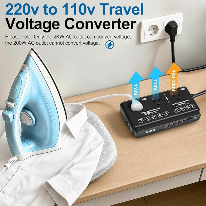220v to 110v Travel Voltage Converter: International Universal Voltage Black Converter US to Europe Power Strip Plug Transformer - 2000W Electric Hair Dryer Step Down Outlet Converters for European UK