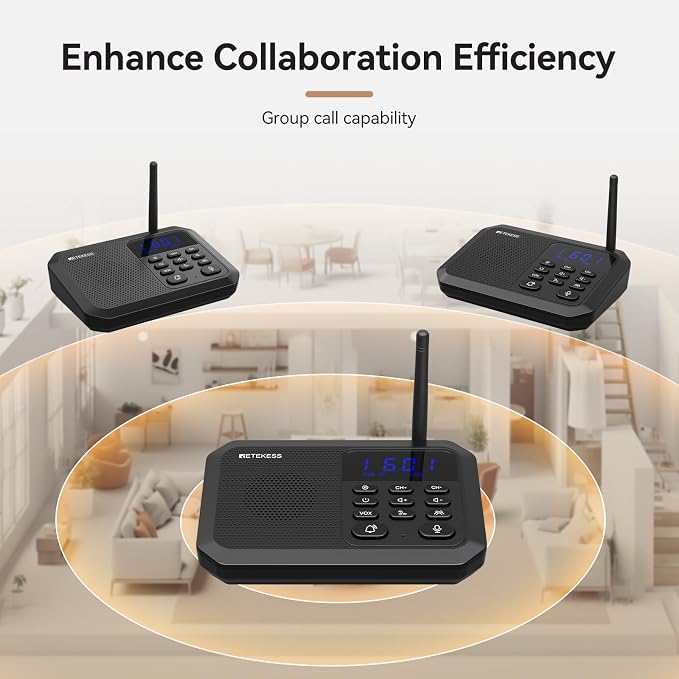 Retekess TH201 Intercoms Wireless for Home, Hands Free Intercom,Long Range 1 Mile, 22 Channel, VOX,Real-time Caring, Group Call, Real-Time Two Way Intercoms for Home,Business
