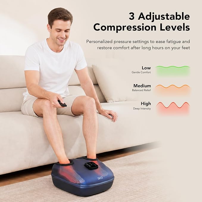 SKG YS100 Shiatsu Foot Massager with Heat and Remote, Feet Massager with 3 Air Compression Modes, for Plantar Fasciitis, Fits up to Size 13 for Men Women Dad Gifts