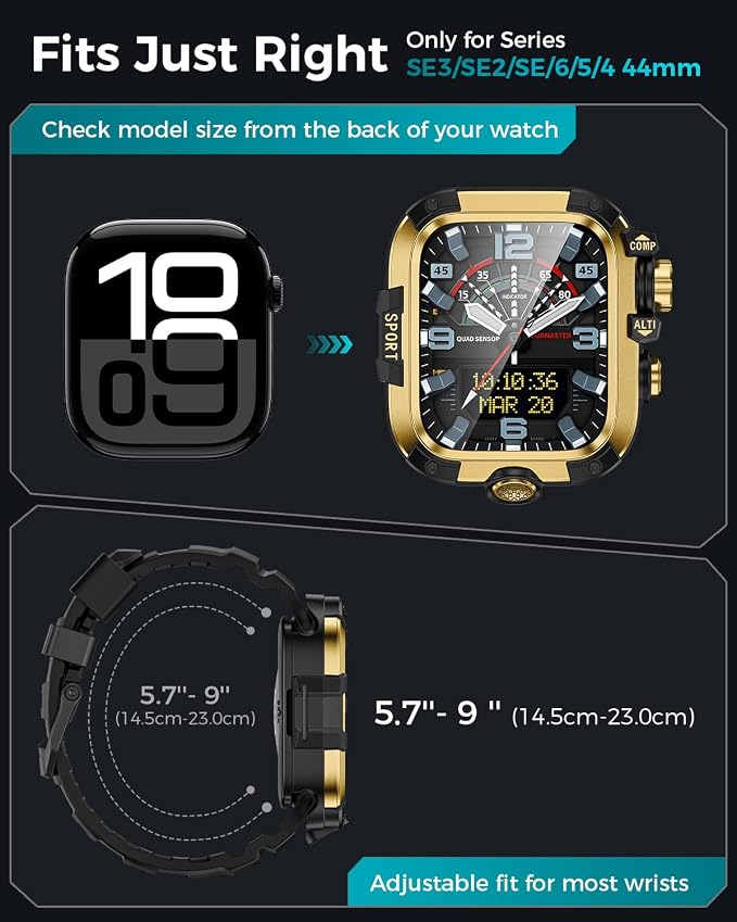 Goton Rugged Case and Band Kit with Screen Protector for Apple Watch 44mm, Compatible with Apple Watch SE 3/2/1 Series 6/5/4, Full Body Shockproof Metal+PC Bumper Cover with Soft Band, 44mm Gold