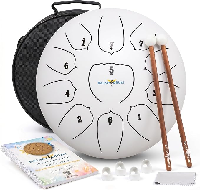 Balmy Drum Steel Tongue Drum 10 inch 11 Notes 440Hz, Handpan Drum with Music Book, Mallets, Carry Bag, Finger Picks, Rain Drum for Outdoor, Meditation Yoga Calming Instruments for Adults Kids (White)