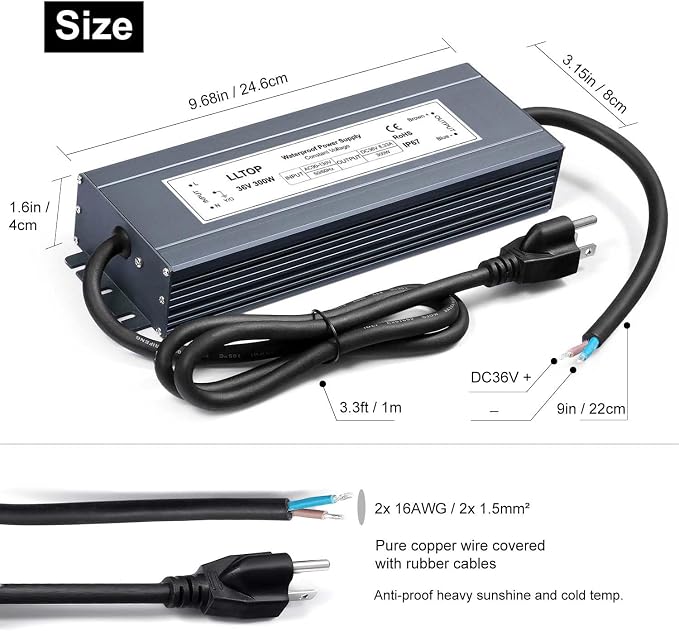 LLTOP 36v DC Power Supply 300w 8.33A Waterproof AC110v/120v to 36vdc Converter Constant Voltage Outdoor Transformer for Pump Humidifier LED Lights