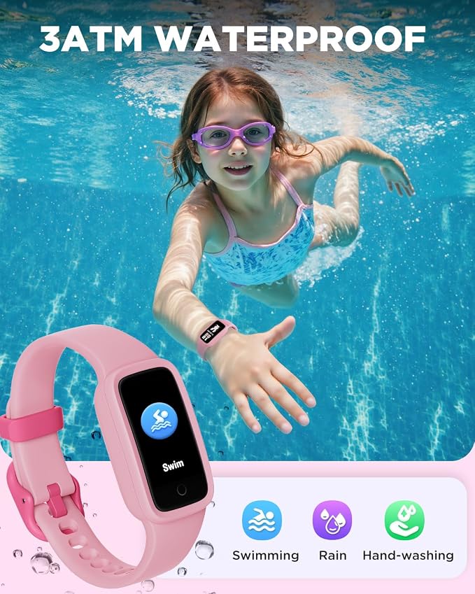 BIGGERFIVE Vigor 3 Kids Fitness Tracker Watch, AMOLED Screen, No App No Phone Needed, 3ATM Waterproof, Heart Rate and Sleep Monitor, Pedometer Watch, Sports Step Counter for Girls Ages 5-15, Pink
