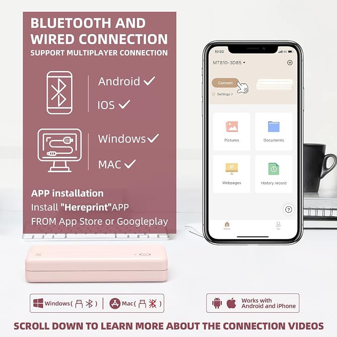 HPRT Bluetooth Wireless Printers MT810 for Portable Travel - Thermal Inkless Home Use Compact Printer - Paper Rolls Mobile Printing for Car & Office