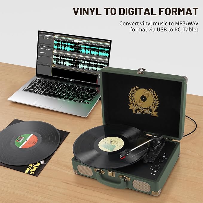 Vinyl Record Player Bluetooth Turntable 3-Speed Suitcase Portable Vintage Belt-Driven Record Player with Built-in Speakers RCA Line Out AUX in Headphone Jack Military Green