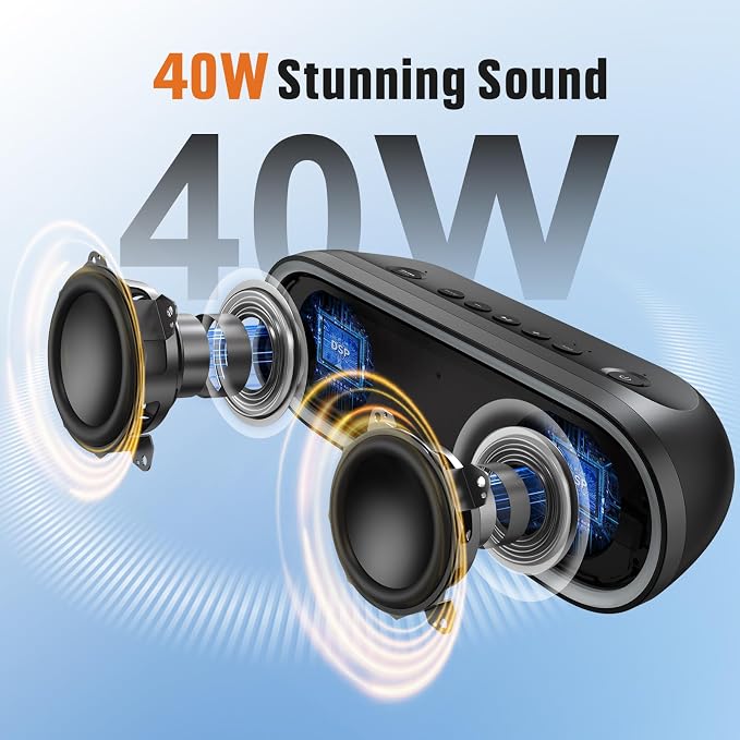 DOSS SoundBox Pro+ P300 Bluetooth Speaker, 40W Stereo Sound, Extra Bass,20H Playtime, Wireless Stereo Pairing, Beat-Driven Lights for Party, IPX6 Waterproof for Garden, Camping, Beach, Outdoor-Blue