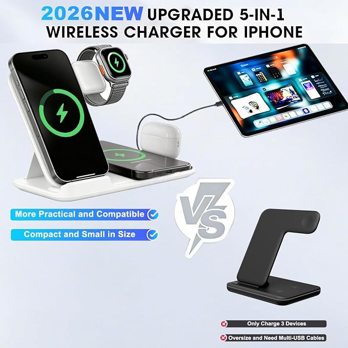 5 in 1 Wireless Charging Station for Multiple Devices, Premium Fast Charging Stand for Apple Samsung Android, Dual Phone Dock with USB Port for Desk Nightstand