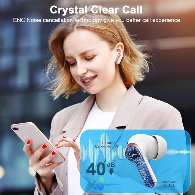 Jxrev 2026 Upgraded Wireless Earbuds, 50H Playtime Bluetooth 5.4 Headphones with 4 ENC Noise Cancelling Mics, IP7 Waterproof in Ear Earphones, LED Display Fast Charging Case, HiFi Stereo Deep Bass
