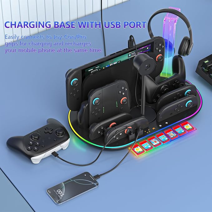 Charging Station for Switch 2 with Cooling Fan DOBEWINGDELOU Controller Charger for JoyCons and Pro Dock Stand with RGB Light 2 USB Ports 7 Game Card Slots LED Indicators