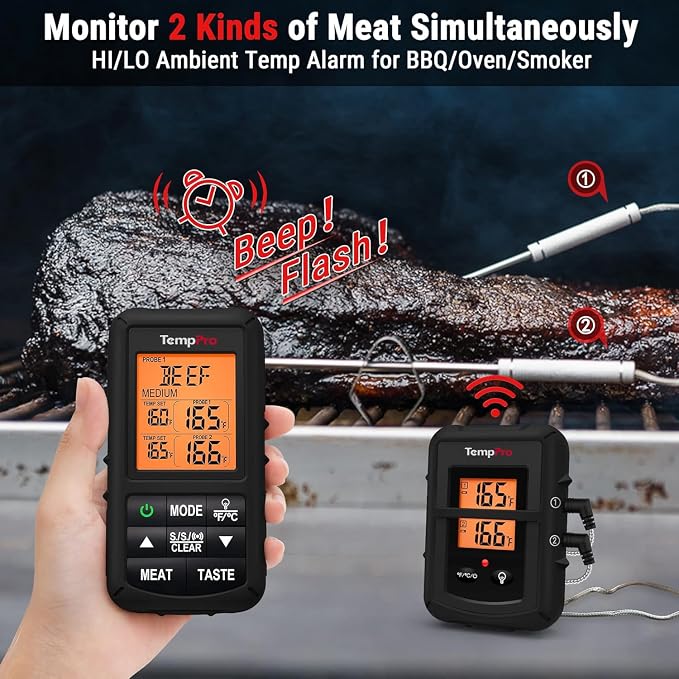 TempPro TP20 500FT Wireless Meat Thermometer with Dual Meat Probe, Digital Cooking Food Meat Thermometer Wireless for Smoker BBQ Grill Thermometer Beef Steak Turkey Thermometer (Previously ThermoPro)