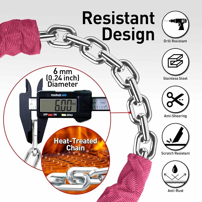 Bike Chain Lock Security 5 Digit Resettable Combination, 38.6 inches Heavy Duty Anti Theft Lock Chain for Bicycle, Motocycle, Scooter, Gate, Fence (Fuchsia, 3.2ft)