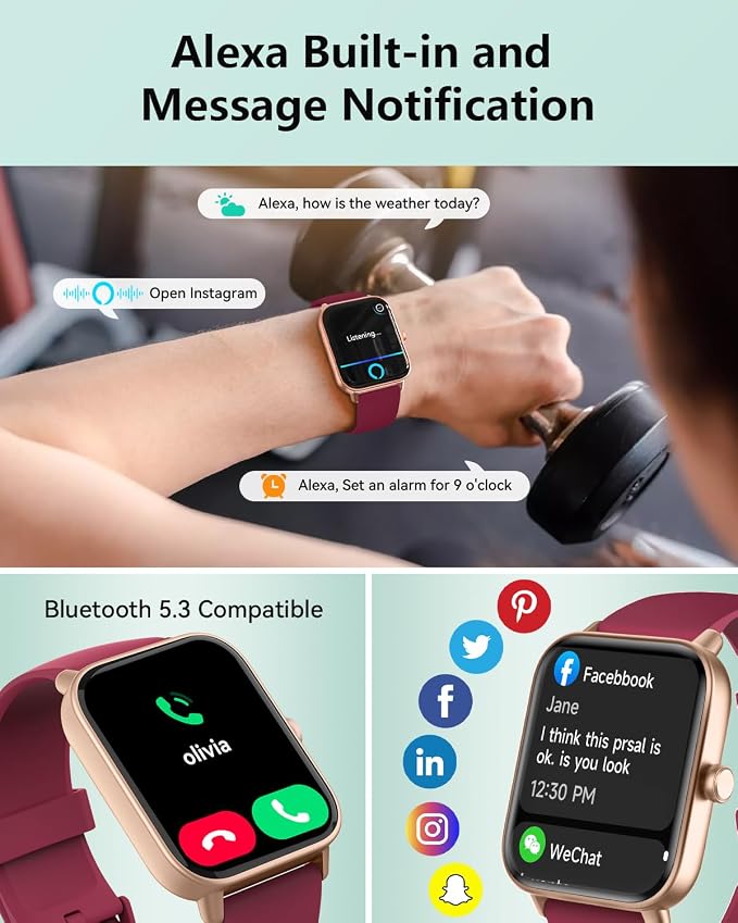 Quican Smart Watches for Women, Compatible for iPhone and Android Phones | 1.8" Fitness Tracker Watch, Waterproof, Calling, Heart Rate/Sleep Monitor, Alexa, Gifts for Women, Silicone Band, Red