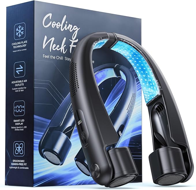 Portable Neck Fan with Cooling Plates, 6000mAh Rechargeable Wearable Fan with 1-100 Speed Control, Hands-Free Personal Cooling Fan with Digital Display, Adjustable Air Outlets for Travel Outdoor