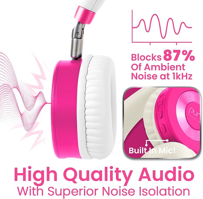 Puro Sound Labs JuniorJam Plus Volume-Limiting Wireless Bluetooth Headphones for Kids, Secure Audio with Adjustable On-Ear Design, 22-Hour Battery Life, Ideal for Tablets, Smartphones & PCs - Pink