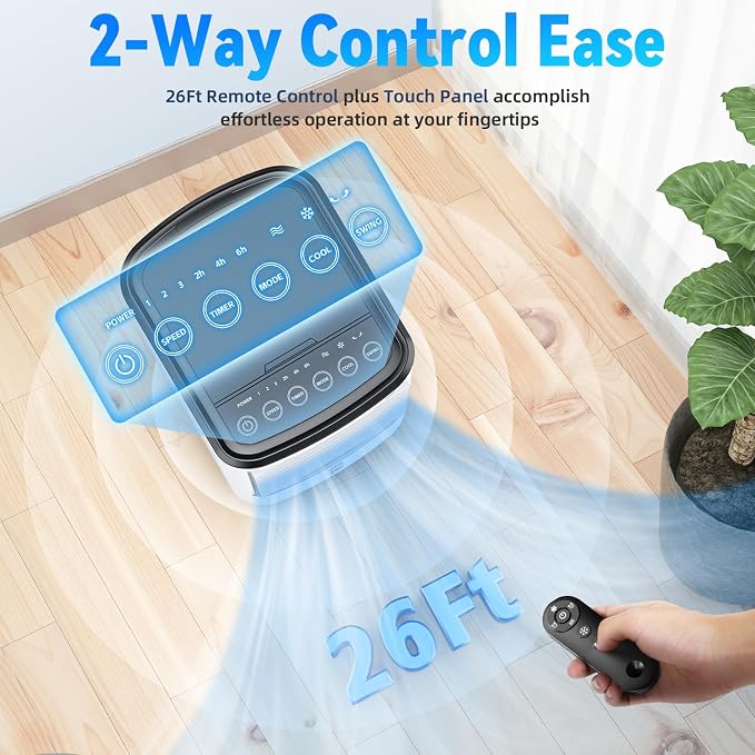 FANCOLE Windowless Portable Air Conditioners with 6 Ice Packs, 12H Smart Timer for Auto-off, 26Ft Remote, Top Fill Dual Tank, 3Speeds Evaporative Air Cooler, 70°Auto Swing Swamp Cooler Air Conditioner