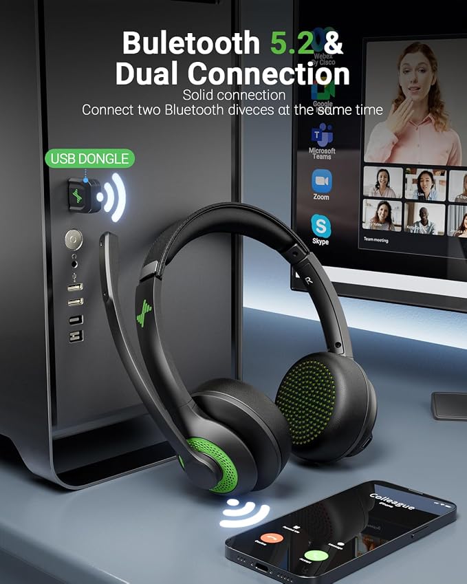 Bluetooth Wireless Headset with Mic for Work, Bluetooth 5.2, Advanced Noise Reduction Microphone, Clear Calls - Comfortable On-Ear Headphones, Applicable to PC, Laptop, Phone, Android, Zoom, Office