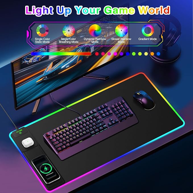 XXL RGB LED Gaming Mouse Pad with Magnetic Wireless Charger & Foldable Phone Holder, 31.5"x15.8" Extended Ultra-Smooth Desk Mat, 25 Lighting Effects, Non-Slip Base, Includes 20W PD Adapter