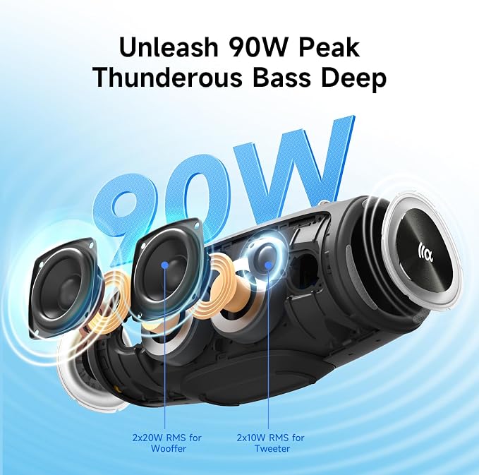 TAZATA Portable Loud Bluetooth Speaker, 90W (Peak) Large Subwoofer Speakers Wireless Bluetooth 5.3 with Powerbank USB Charge Out,Rugged Outdoor for Party,Beach,Golf,Pool,Shower,Valentines Day Gifts