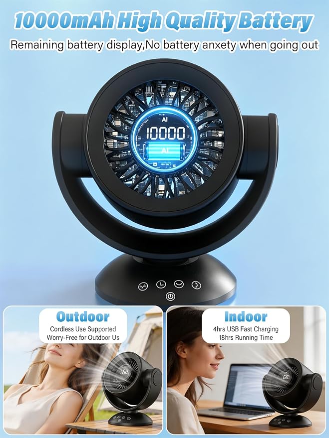 Desk Fans for Bedroom，Air Circulator Fan，90°Vertical +120°Auto Oscillating,100 Speeds, 10H Timer, Quiet Fan,Digital Display Rechargeable USB, with Remote, for Home, Office（Black）