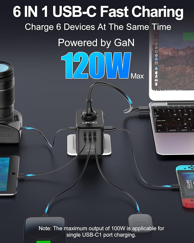 Universal Travel Adapter 120W GaN Fast Charger, 4 USB C 1 USB-A & 2500W AC Outlet, International Power Adapter for Europe UK US 200+ Countries, Compatible for MacBook iPhone iPads Laptop Phone