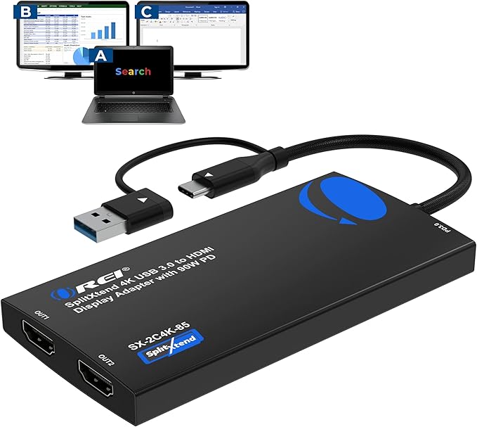 OREI SplitExtend 4K HDMI Splitter Extended Display for Dual Monitor - Multi-Monitor Display 3 Separate Screens - USB A & USB-C Adapter to HDMI 2.0, 4K@60hz, 90W PD Charger, DisplayLink MacOS, Windows