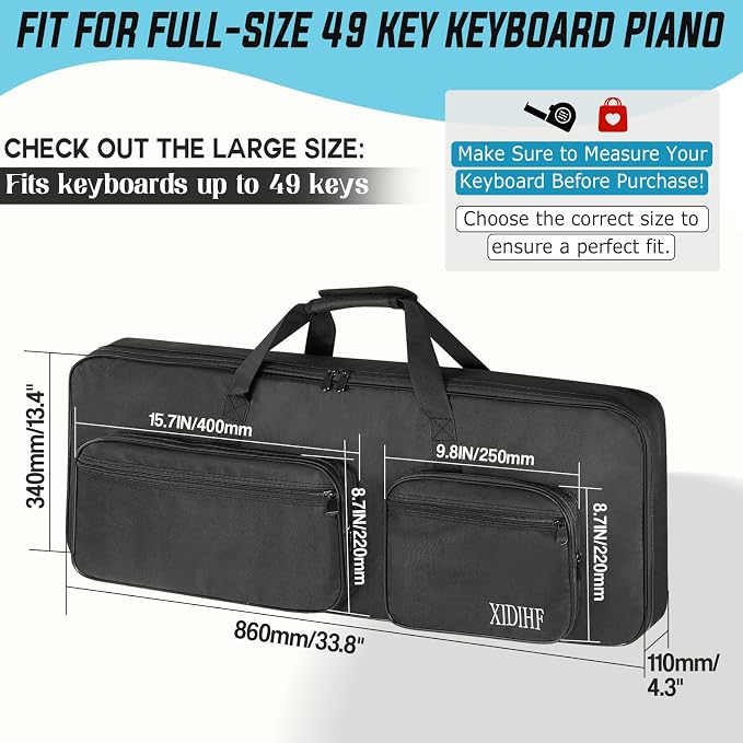 49 Key Keyboard Gig Bag 10mm Padded Full Protection with Adjustable Straps, 4 Pockets for Accessories, Electric Piano Case (33.8''x13.8''x4.3'')