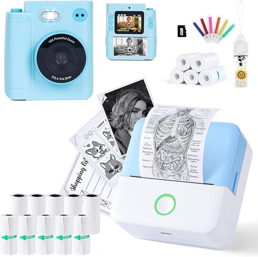 cudinham Print Pods X6 Mini Printer for Note with 10 Rolls Paper & X8D 1080P HD Dual-Lens Kids Camera Instant Print with 5 Rolls Paper and 32G TF Card
