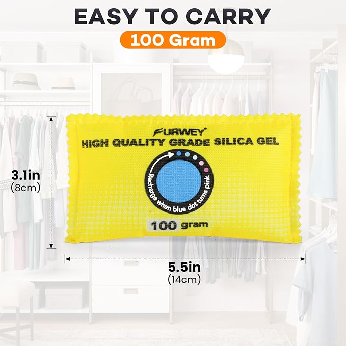 FURWEY 100g (12 Packs) Rechargeable Desiccant Packs for Storage, Color Indicating Silica Gel Desiccant Packets, Moisture absorbers for storage,Dehumidifier bag for Closets,Cars,Storage Bins