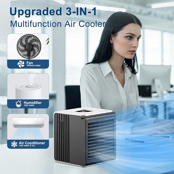 Portable Mini Personal Fan with Remote,BIESQYA 3-in-1 Small Ac Unit Cooler, 3 Speed USB Powered Desk Air Conditioner,Swamp Evaporative Windowless Humidifier for Room Office Camping Car, Black