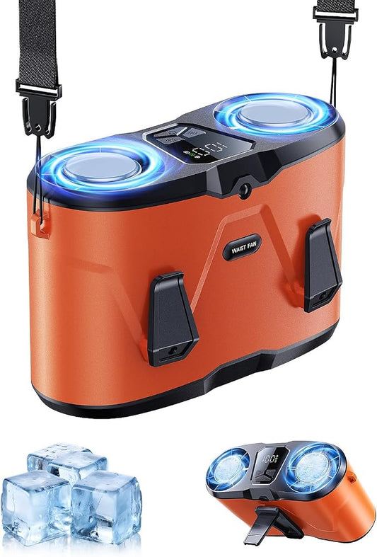 KIMMOO Dual-Motor Rechargeable Waist Fan with Ice Cooling, 25000 RPM High-Speed Neck Belt Clip-on Fan with 10 Gears, LED Display & Flashlight, Hands-Free Personal Fan for Work Outdoor Travel, Orange