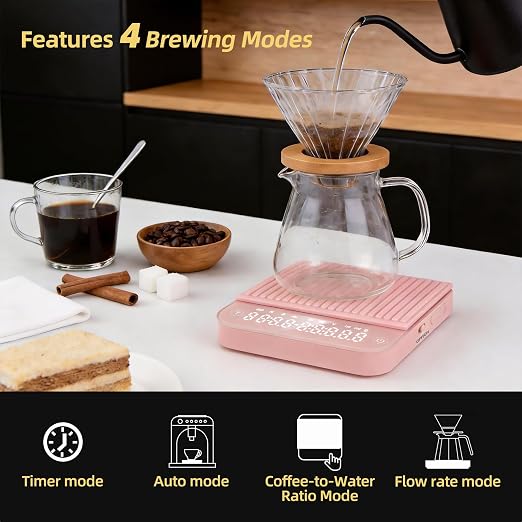 ShanSon Mini Coffee Scale with Timer,0.1g High Precision Espresso Scale,2kg/0.1g Digital Kitchen Scale with Flow Rate,USB-C Rechargeable,Waterproof Surface,Auto Timer for Pour Over & Espresso,Pink