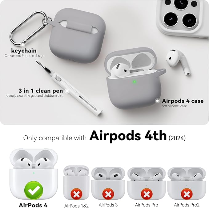 for AirPods 4 Case 2024 Come with Cleaner Kit,Soft Silicone Protective Cover for Apple AirPods 4th Generation Cases with Keychain,Compatible with AirPod 4 Case for Women Men-Light Grey