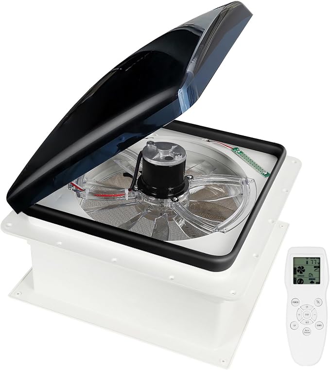 Remote Control RV Roof Vent Fan With S-MOK Alar_m and Ca-Bon Dete_ctor, 12V 14" Super Quiet RV Roof Fan with Rain Sensor, 10-Speed, Reversible